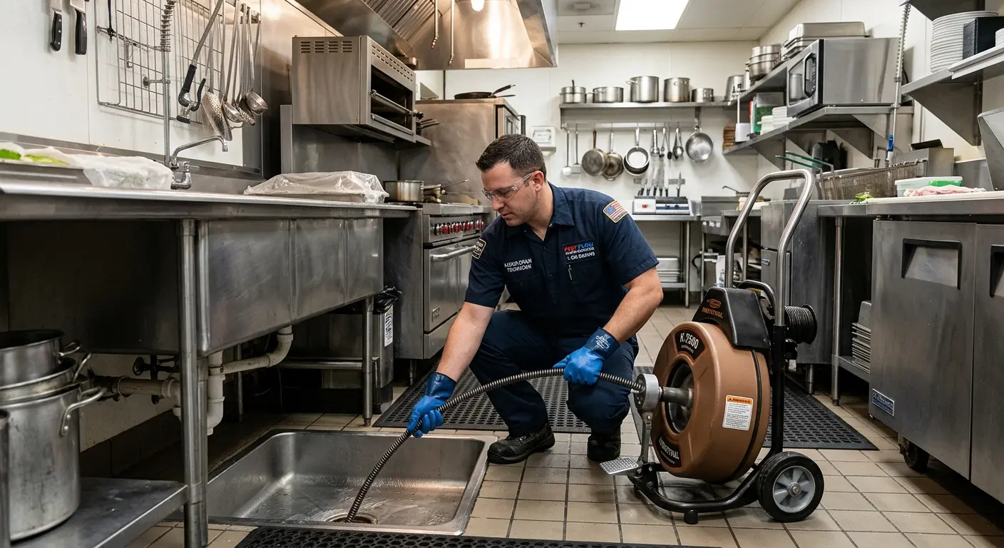 Commercial drain cleaning service in a restaurant kitchen in Jasper