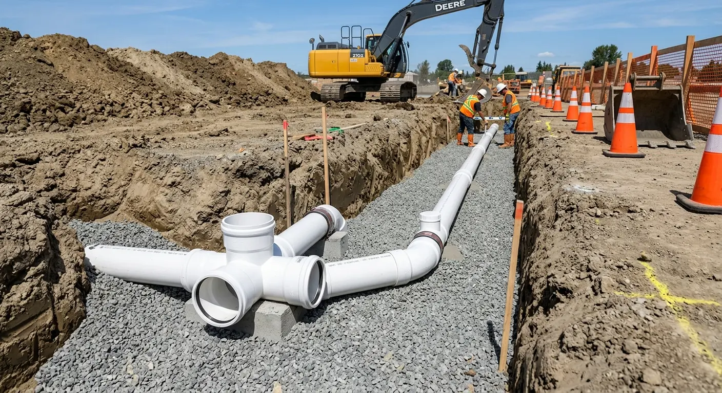 New PVC sewer pipe installation in open trench for Grease Trap Cleaning in Jasper